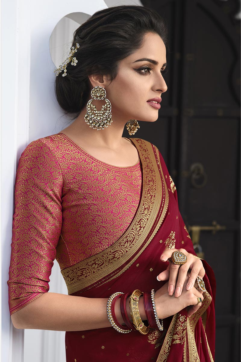 Georgette Designer Maroon Color Saree Featuring Asmita Sood With Border Work