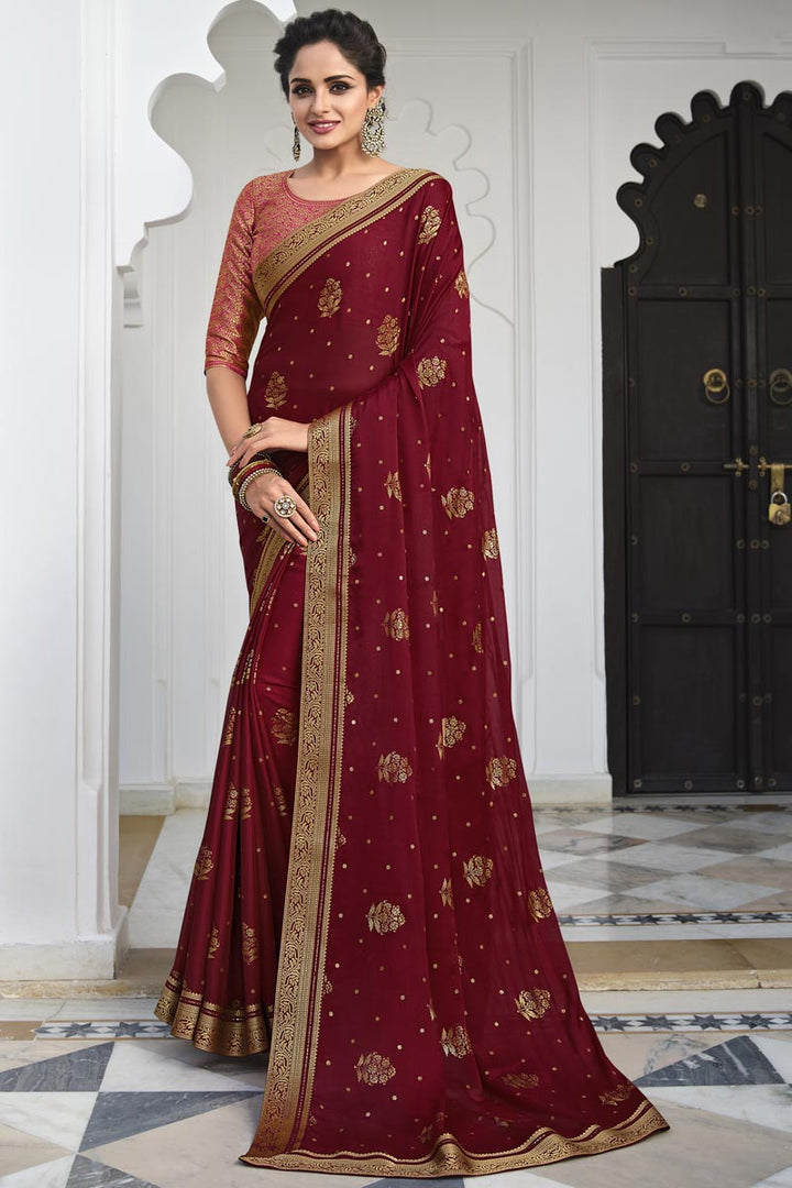 Georgette Designer Maroon Color Saree Featuring Asmita Sood With Border Work