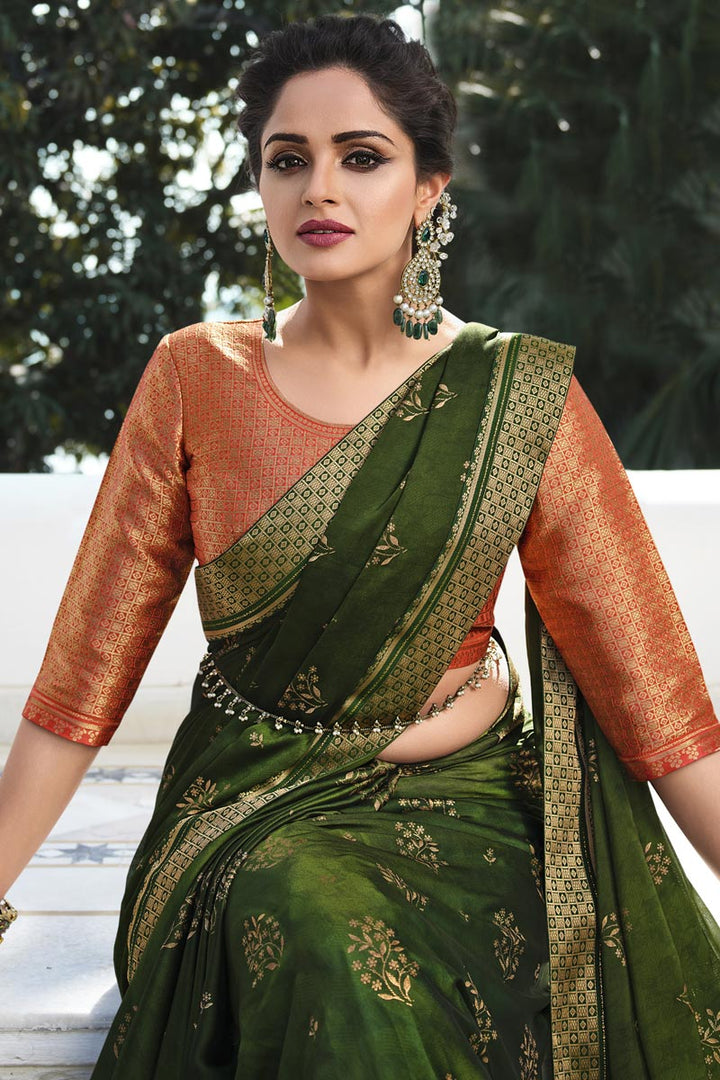 Mehendi Green Color Beautiful Georgette Saree With Border Work Featuring Asmita Sood
