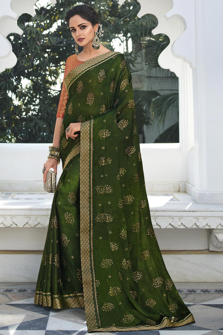 Mehendi Green Color Beautiful Georgette Saree With Border Work Featuring Asmita Sood