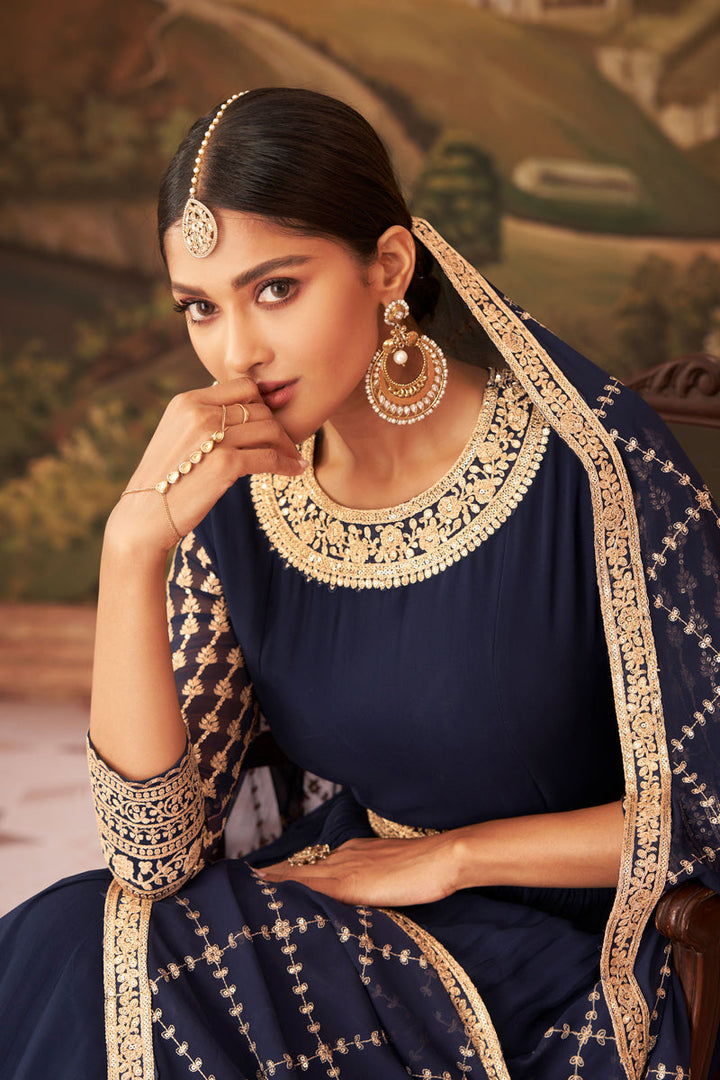 Navy Blue Color Function Wear Embroidered Anarkali Suit In Georgette Fabric