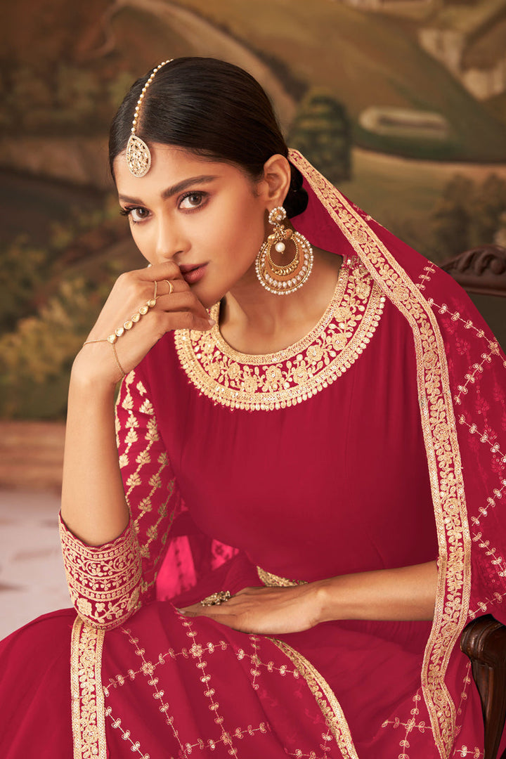 Georgette Fabric Function Wear Red Color Embroidered Anarkali Suit