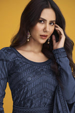 Load image into Gallery viewer, Art Silk Fabric Mesmeric Embroidered Anarkali Suit In Blue Color
