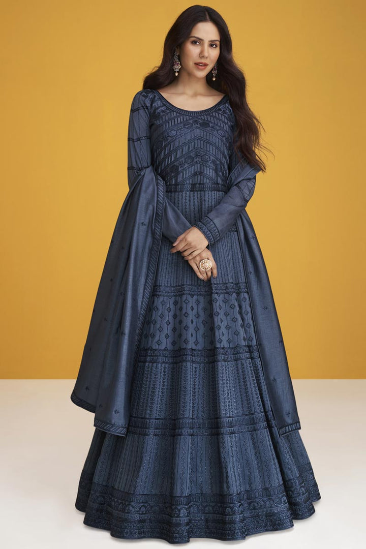 Art Silk Fabric Mesmeric Embroidered Anarkali Suit In Blue Color