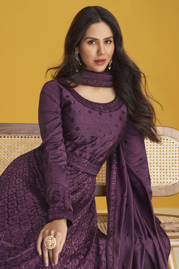Art Silk Fabric Purple Color Supreme Embroidered Anarkali Suit