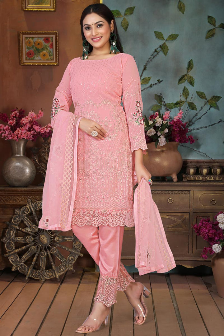Georgette Fabric Pink Color Glamorous Festival Wear Embroidered Work Salwar Suit