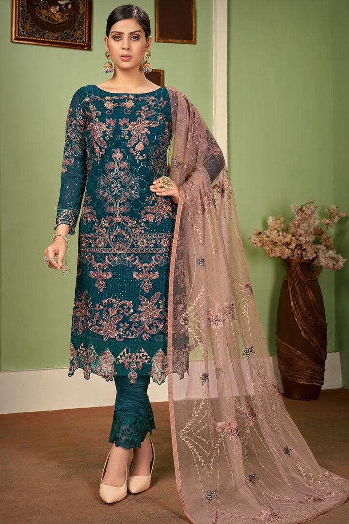 Engaging Teal Color Embroidered Georgette Fabric Festive Wear Pakistani Style Salwar Suit
