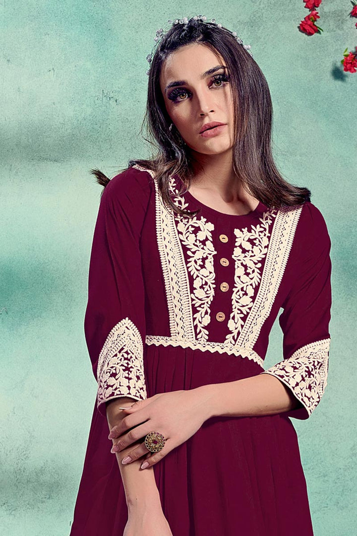 Festive Wear Fancy Wine Color Embroidered Kurti In Rayon Fabric