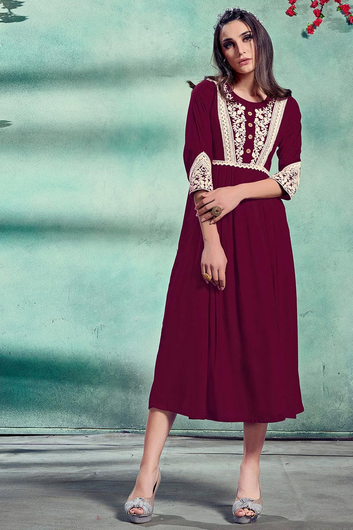 Festive Wear Fancy Wine Color Embroidered Kurti In Rayon Fabric