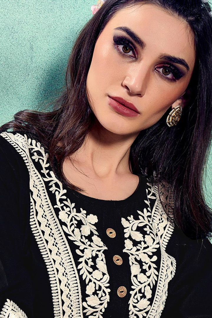 Fancy Black Color Festive Wear Embroidered Kurti In Rayon Fabric