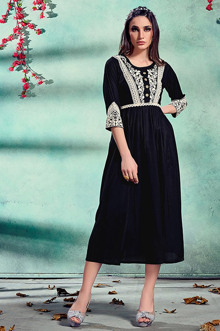 Fancy Black Color Festive Wear Embroidered Kurti In Rayon Fabric