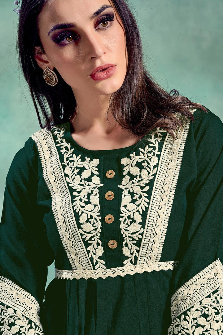 Rayon Fabric Festive Wear Fancy Dark Green Color Embroidered Kurti
