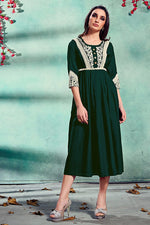 Load image into Gallery viewer, Rayon Fabric Festive Wear Fancy Dark Green Color Embroidered Kurti
