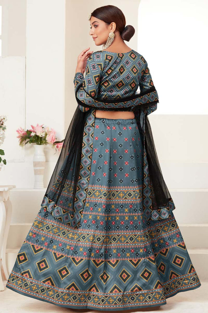 Teal Color Sangeet Wear Digital Printed Work Mesmeric Lehenga In Art Silk Fabric