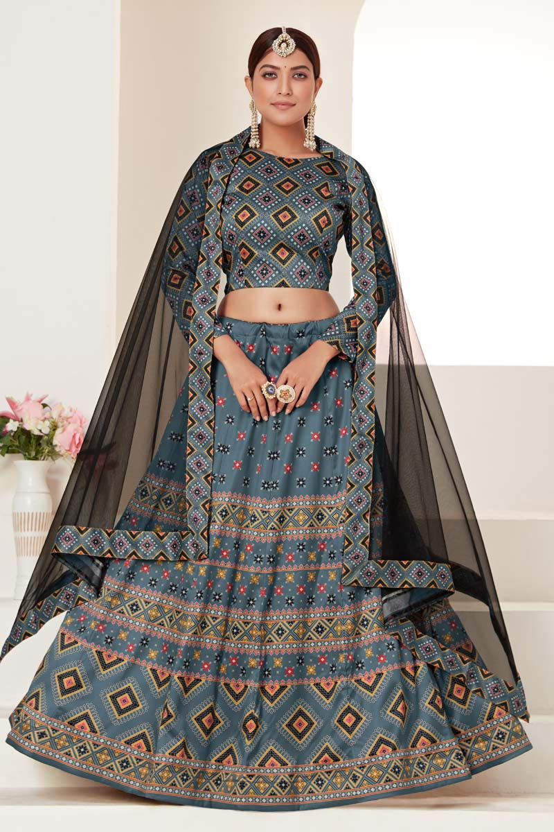 Teal Color Sangeet Wear Digital Printed Work Mesmeric Lehenga In Art Silk Fabric