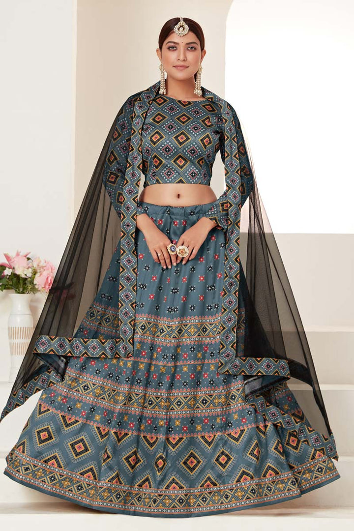 Teal Color Sangeet Wear Digital Printed Work Mesmeric Lehenga In Art Silk Fabric