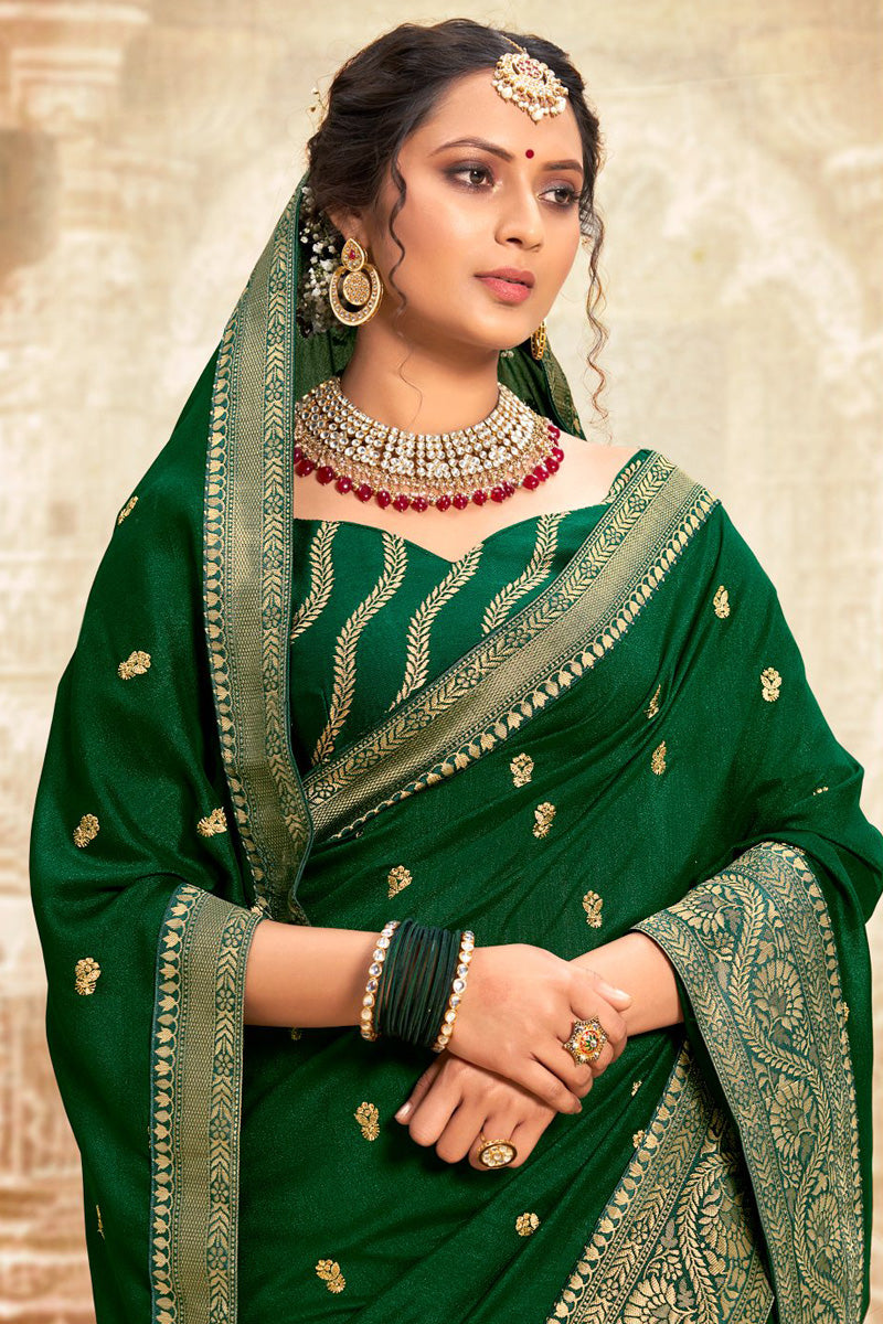 Festive Look Brilliant Fancy Weaving Work Saree In Green Color