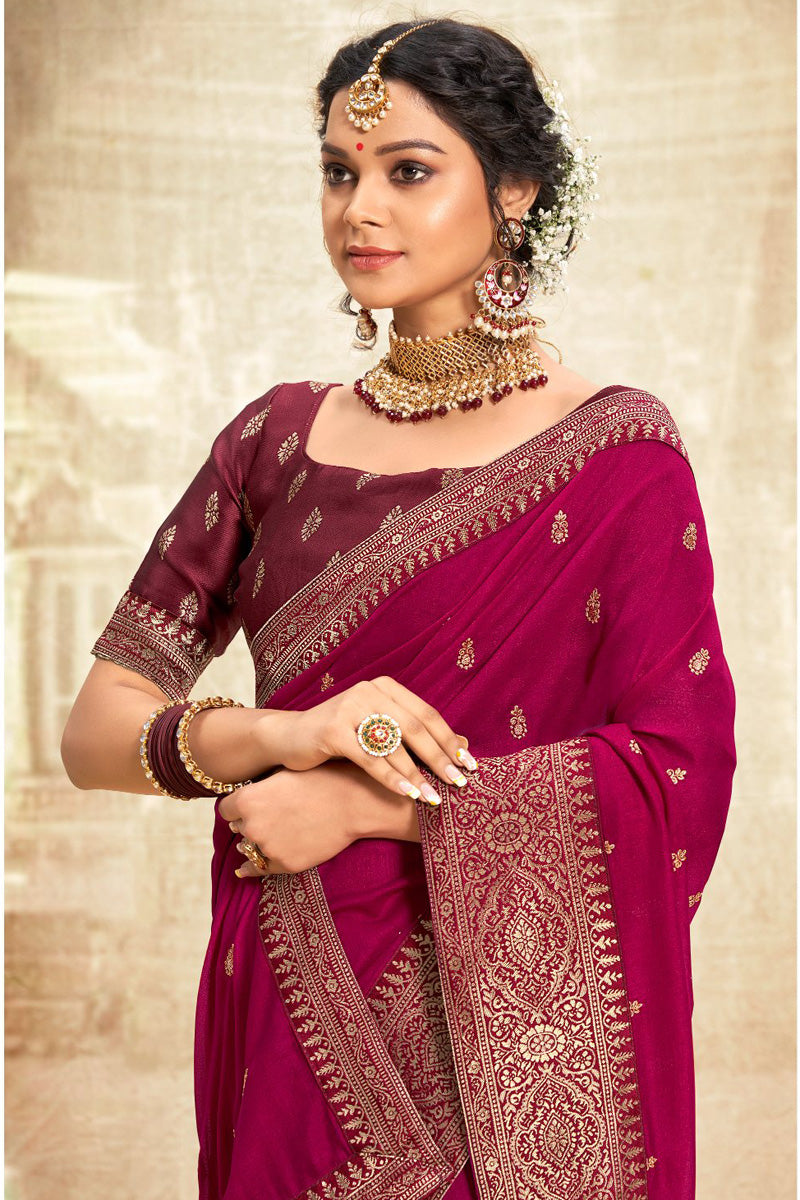 Fancy Fabric Rani Color Festive Look Soothing Weaving Work Saree