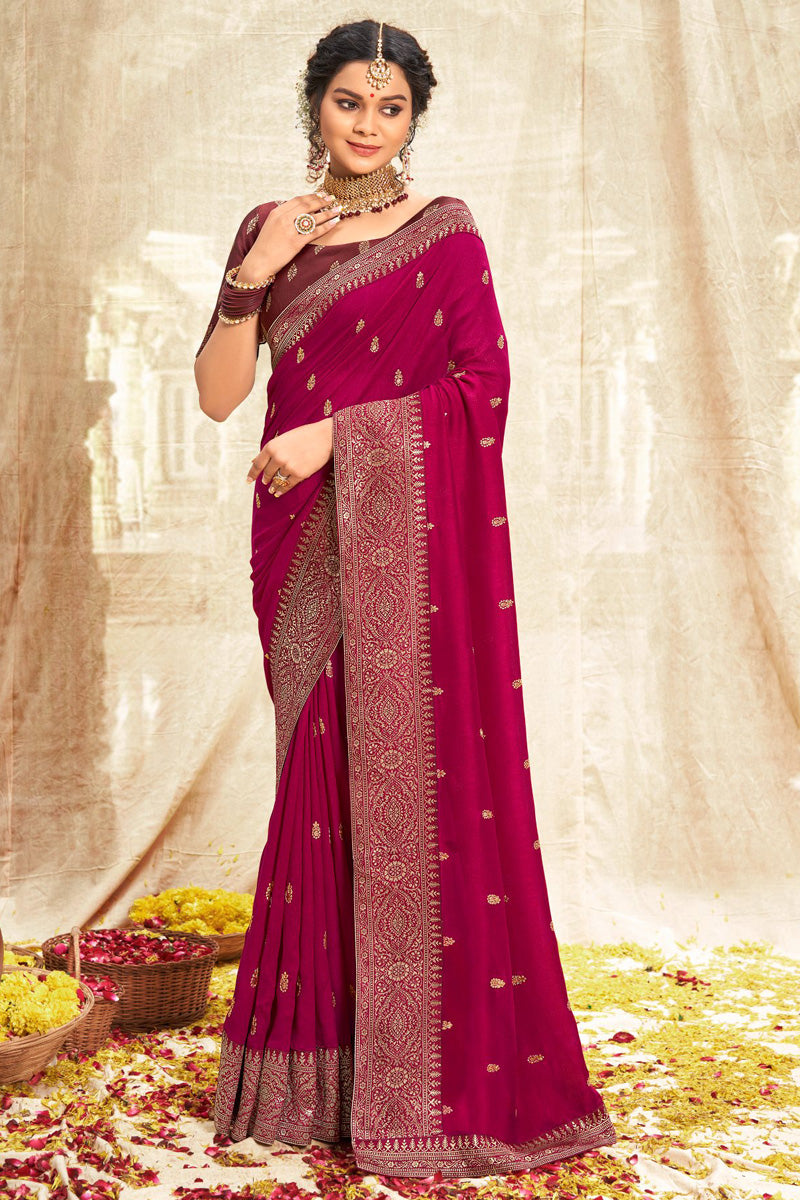 Fancy Fabric Rani Color Festive Look Soothing Weaving Work Saree