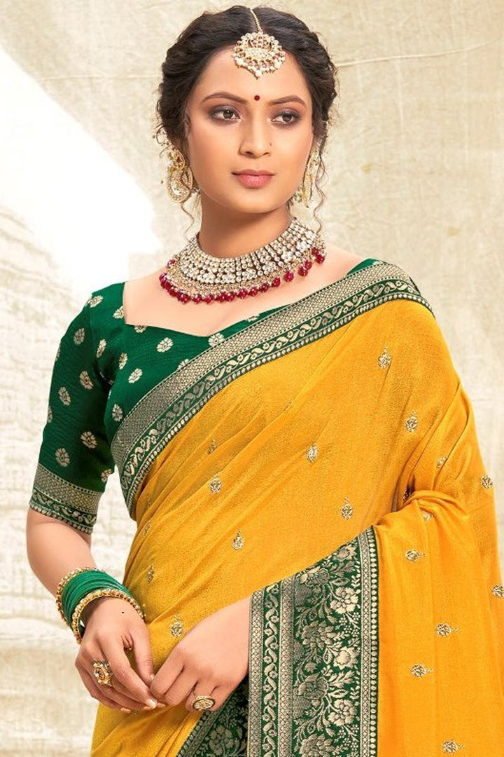Fancy Fabric Mustard Color Festive Look Fantastic Weaving Work Saree