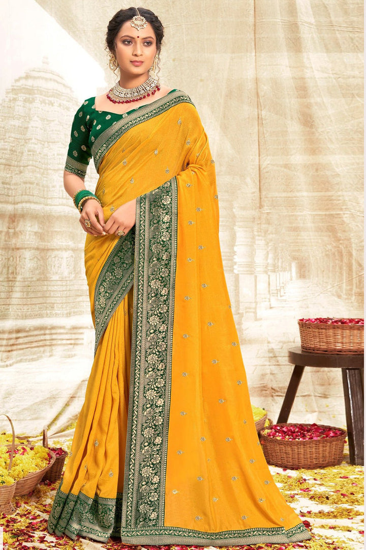 Fancy Fabric Mustard Color Festive Look Fantastic Weaving Work Saree