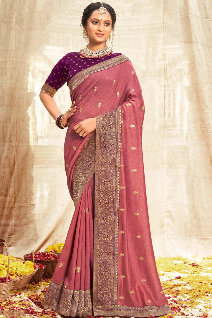 Fancy Fabric Stunning Festive Look Weaving Work Saree In Pink Color