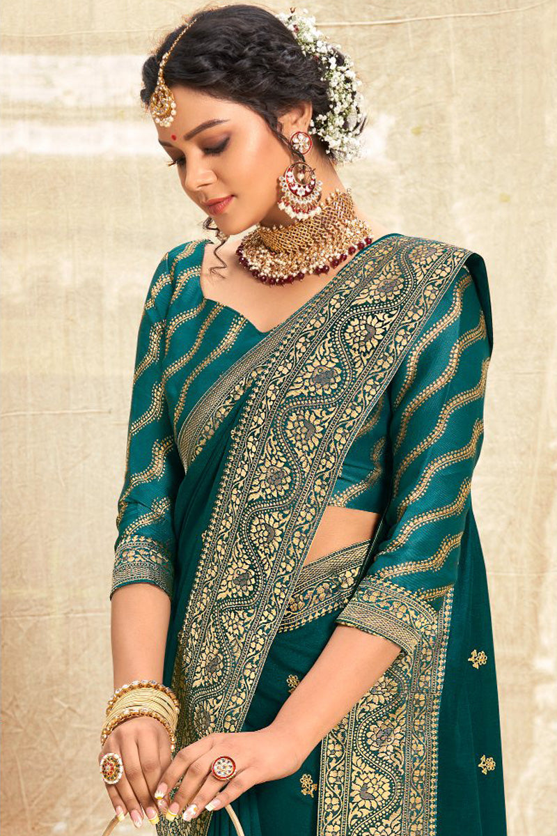 Teal Color Fancy Fabric Festive Look Sober Weaving Work Saree