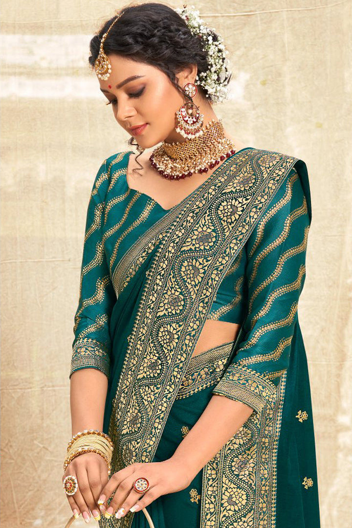 Teal Color Fancy Fabric Festive Look Sober Weaving Work Saree
