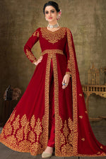 Load image into Gallery viewer, Sangeet Wear Maroon Color Georgette Fabric Embroidered Long Length Anarkali Suit
