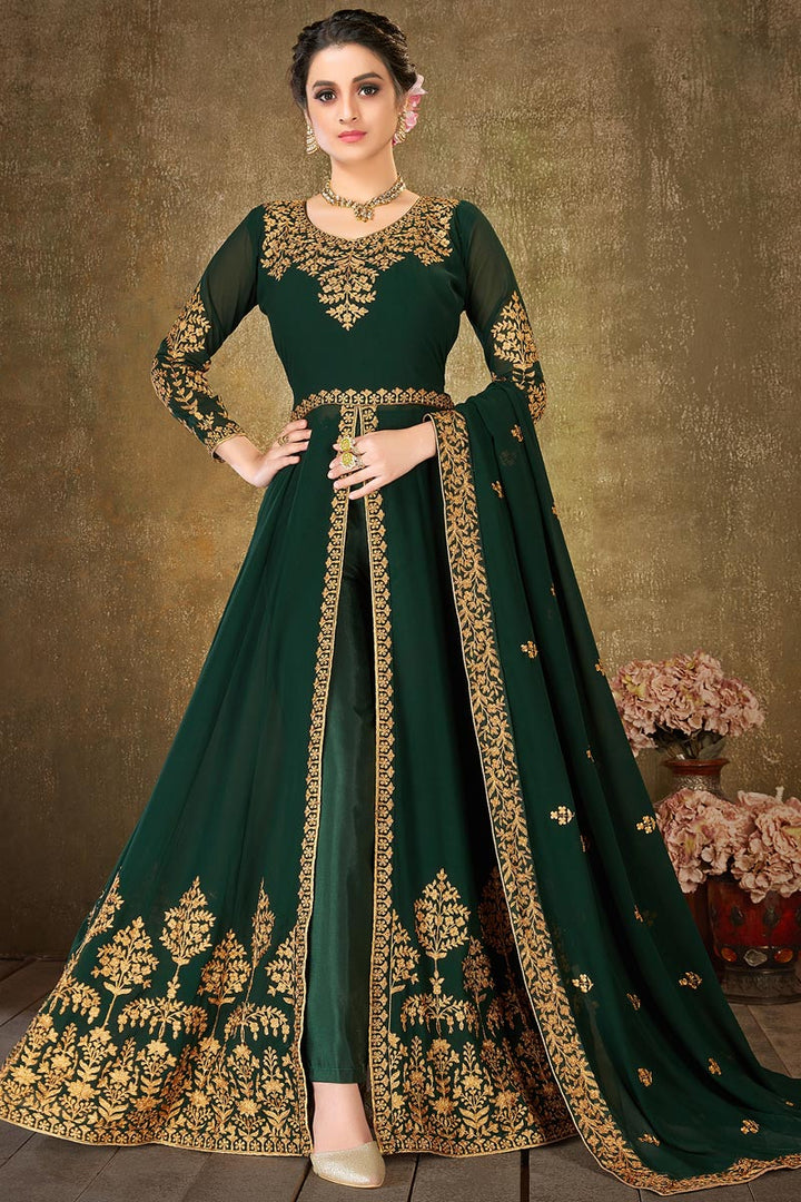 Dark Green Color Georgette Fabric Fancy Embroidery Work Festive Wear Floor Length Anarkali Suit