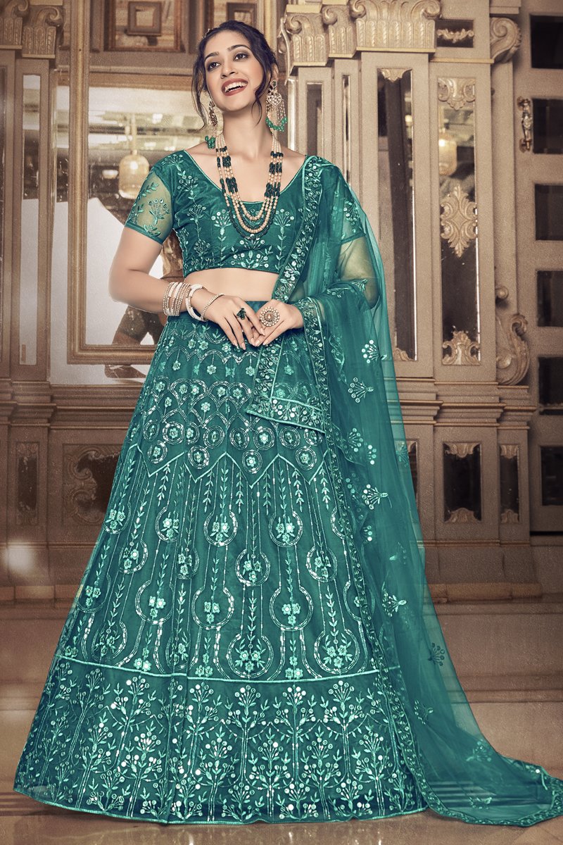 Teal Color Wedding Wear Net Fabric Sequins Work Lehenga Choli