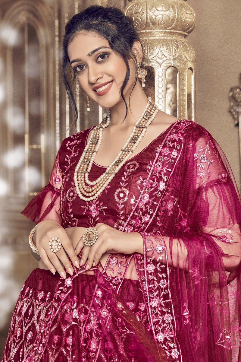 Designer Sequins Work Wedding Wear Lehenga Choli In Maroon Color Net Fabric