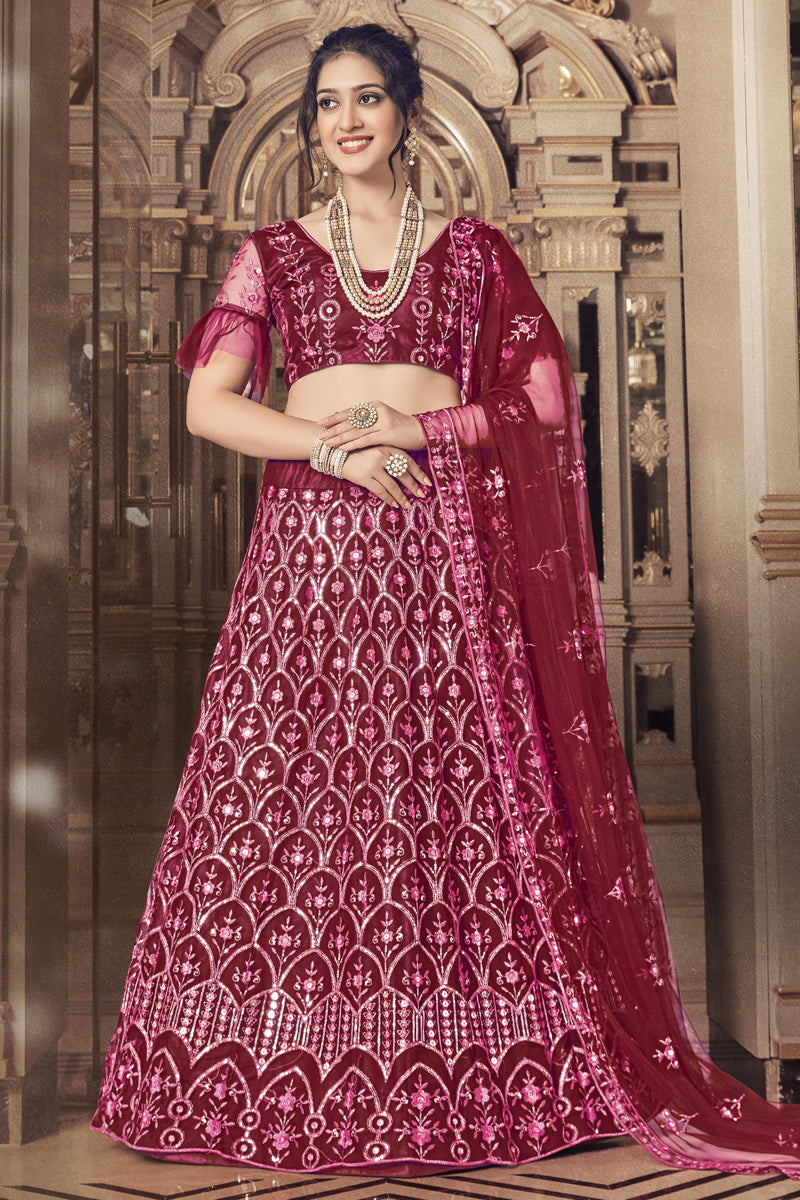 Designer Sequins Work Wedding Wear Lehenga Choli In Maroon Color Net Fabric