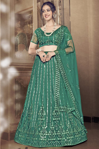 Green Color Net Fabric Designer Sequins Work Wedding Wear Lehenga Choli