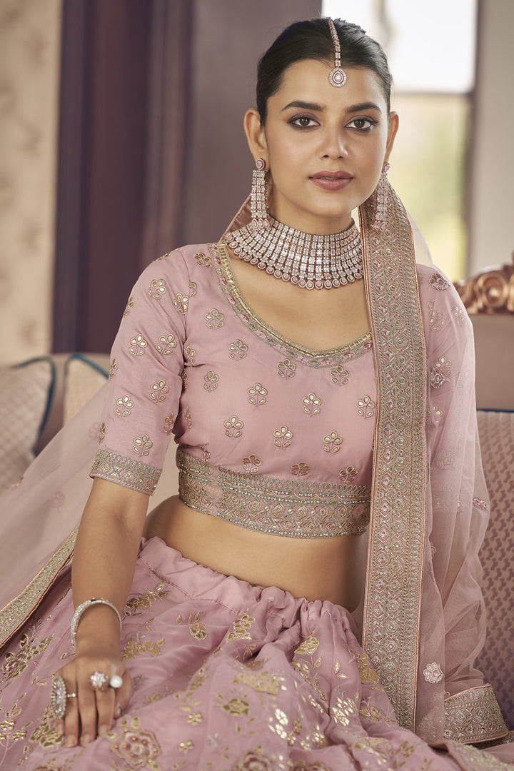 Fetching Pink Color Thread Embroidered Sangeet Wear Lehenga Choli In Organza Fabric