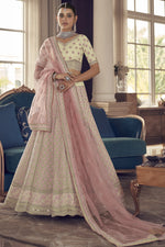 Load image into Gallery viewer, Striking Beige Color Thread Embroidered Sangeet Wear Lehenga Choli In Art Silk Fabric
