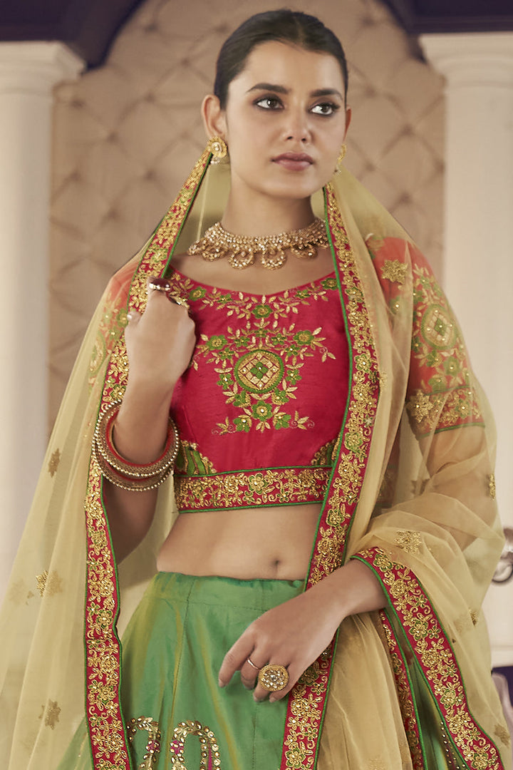 Lovely Green Color Jacquard Silk Fabric Thread Embroidered Reception Wear Lehenga Choli