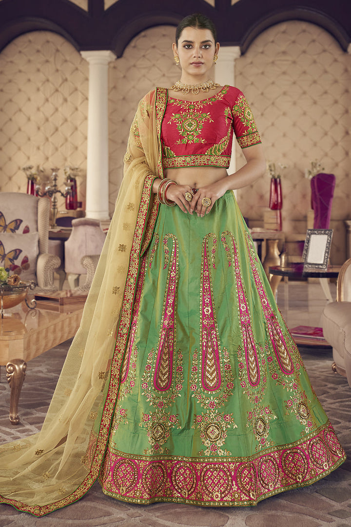 Lovely Green Color Jacquard Silk Fabric Thread Embroidered Reception Wear Lehenga Choli