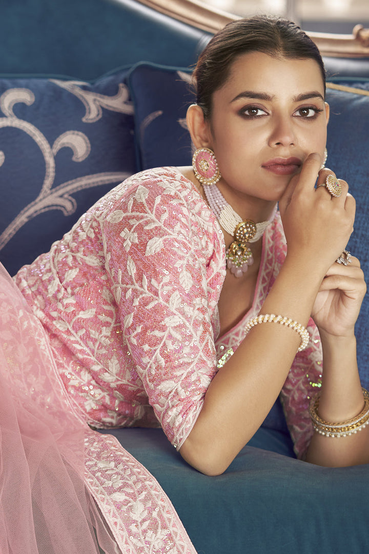 Enriching Designer Thread Embroidered Wedding Wear Lehenga Choli In Pink Color Organza Fabric