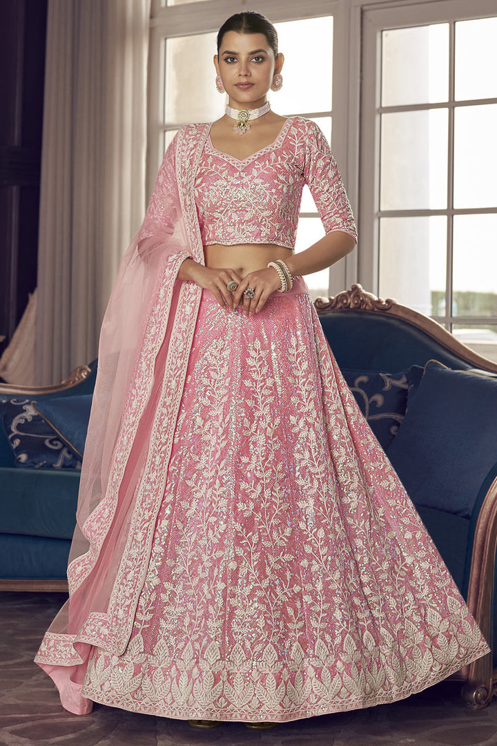 Enriching Designer Thread Embroidered Wedding Wear Lehenga Choli In Pink Color Organza Fabric
