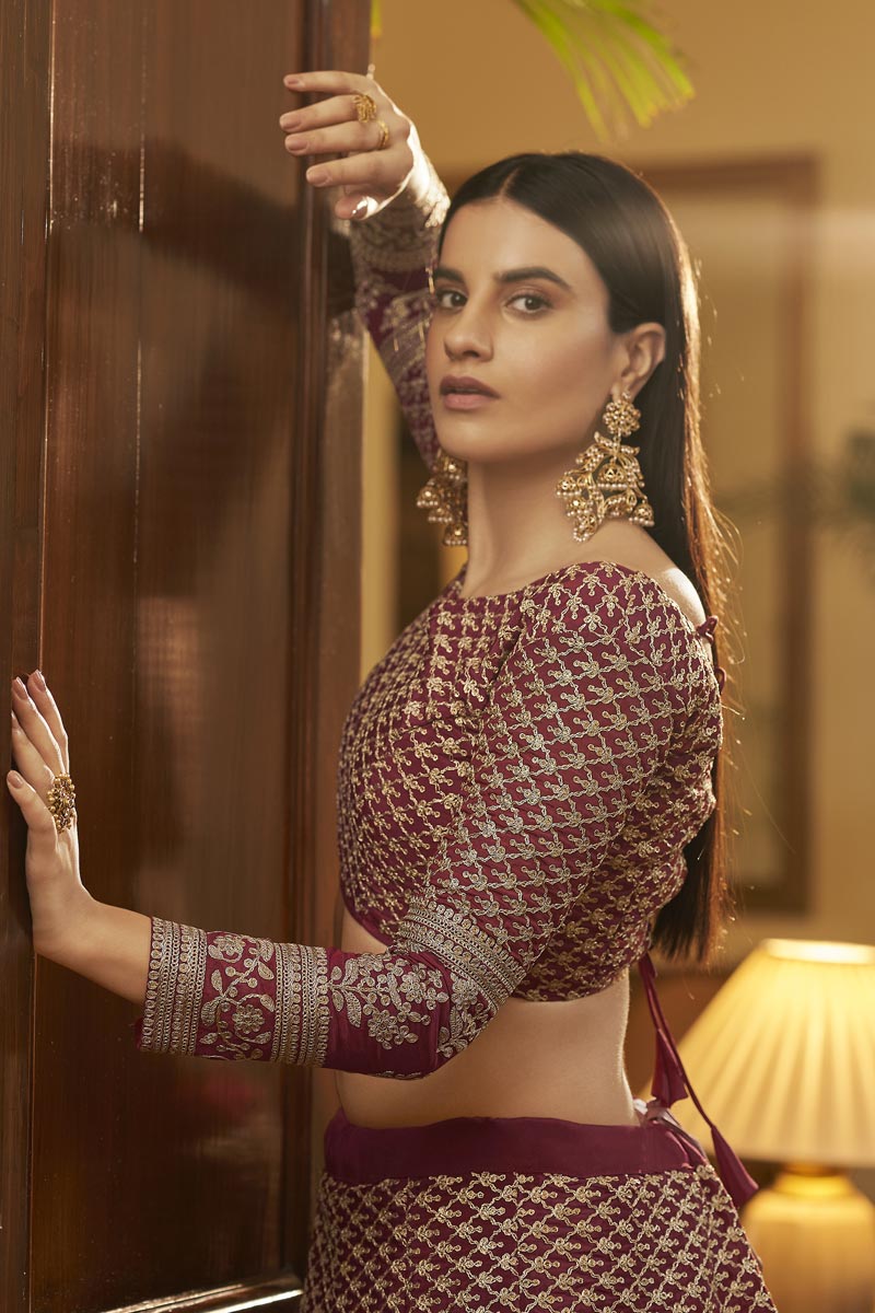 Sangeet Wear Chic Maroon Color Embroidered Lehenga In Crepe Fabric