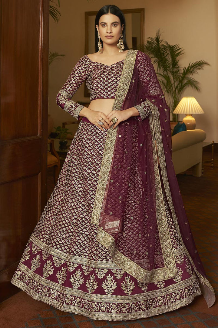 Sangeet Wear Chic Maroon Color Embroidered Lehenga In Crepe Fabric