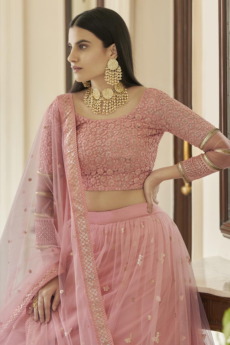 Chic Net Fabric Sangeet Wear Pink Color Embroidered Lehenga