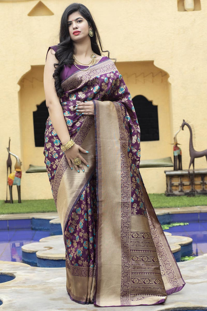Festive Wear Purple Color Art Silk Fabric Weaving Work Saree