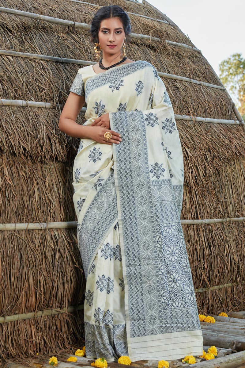 Art Silk Fabric Designer Party Wear Saree In Beige Color