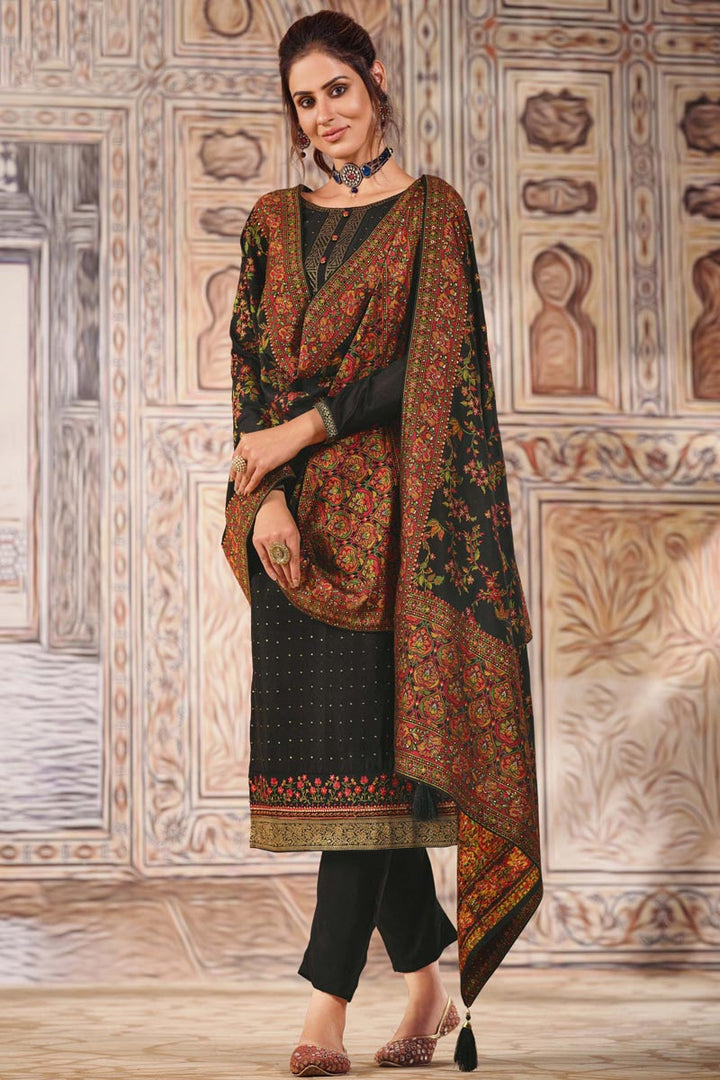 Embroidered Black Color Chinon Fabric Designer Salwar Suit