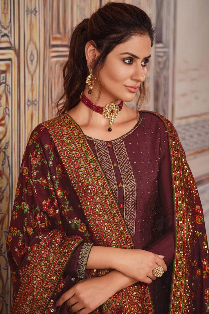 Maroon Color Embroidered Chinon Designer Salwar Suit