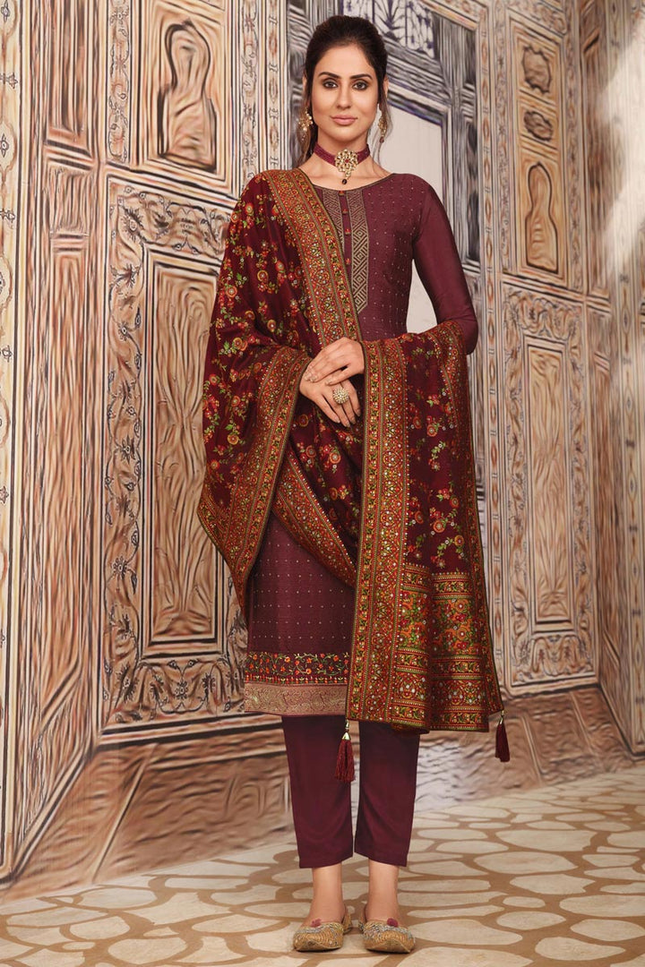 Maroon Color Embroidered Chinon Designer Salwar Suit