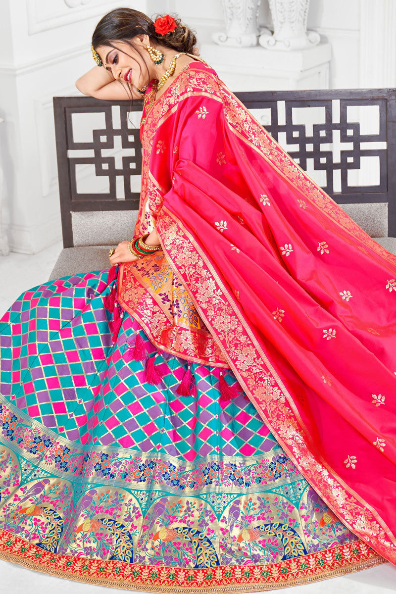 Cyan Color Engrossing Sangeet Wear Embroidered Work Silk Lehenga