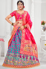 Load image into Gallery viewer, Cyan Color Engrossing Sangeet Wear Embroidered Work Silk Lehenga
